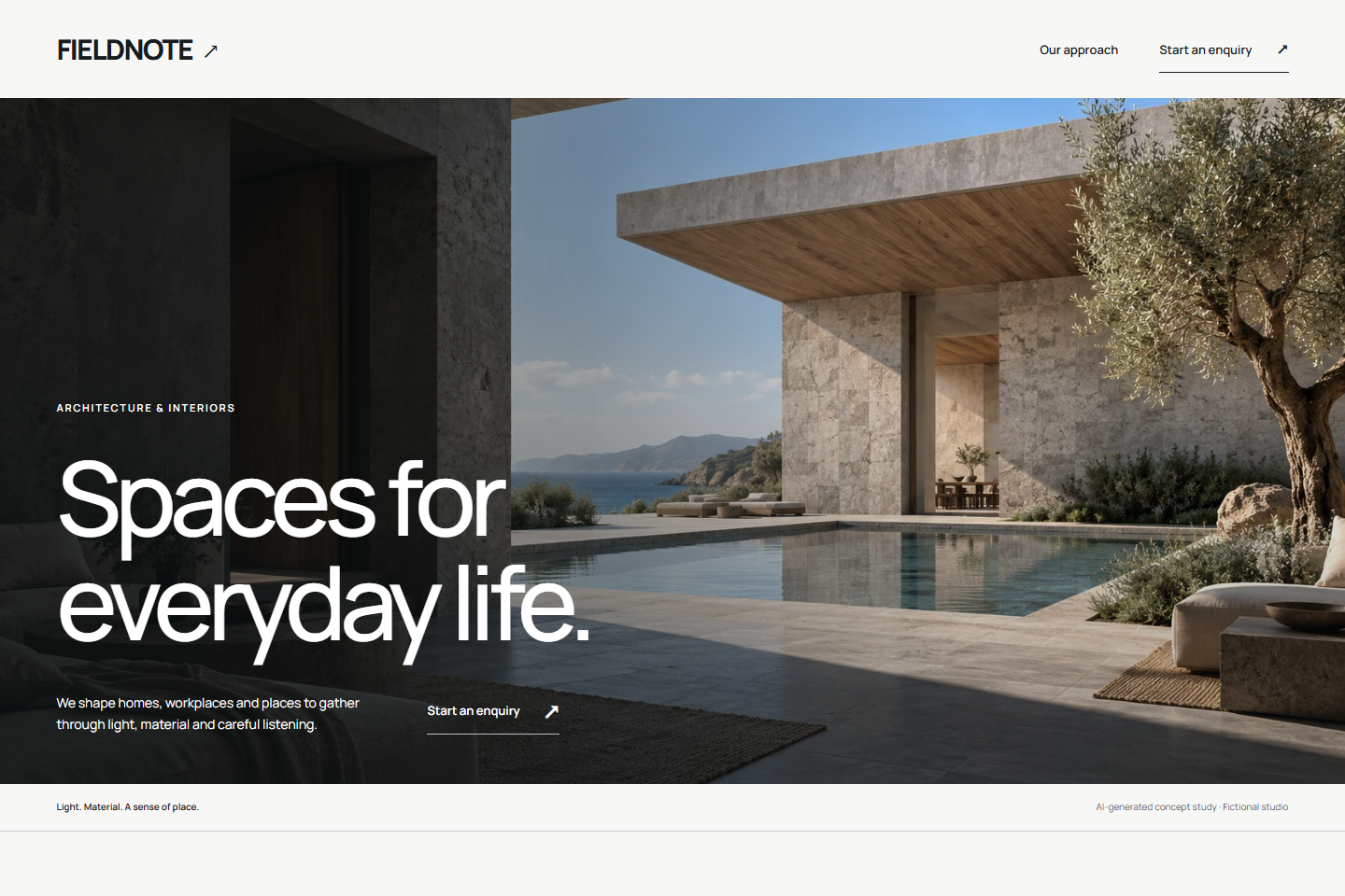 FIELDNOTE, the tool’s working example, with a spacious architectural image and a clear enquiry action.